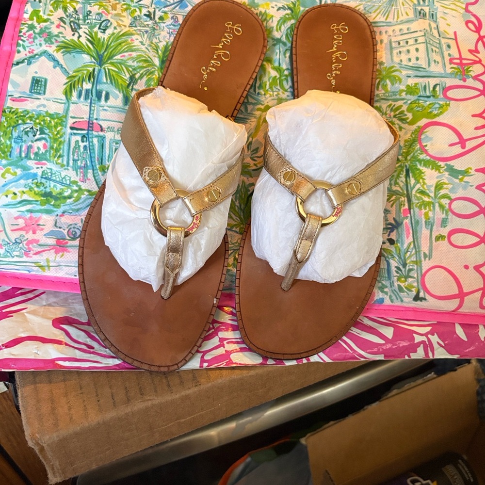 Lilly Pulitzer Gold Metallic Ring-Accent Thong Sandals